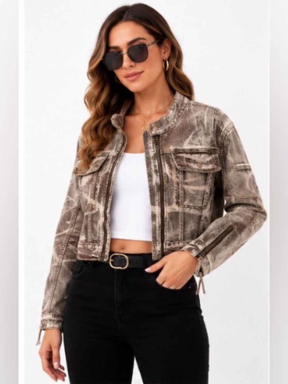 American Bazi Moto Crop Jacket Large Brown Acid Wash Denim NWT